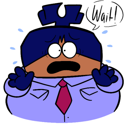 Image of David Baindle (main character) panicking and saying "Wait!" with sweat drops around him.