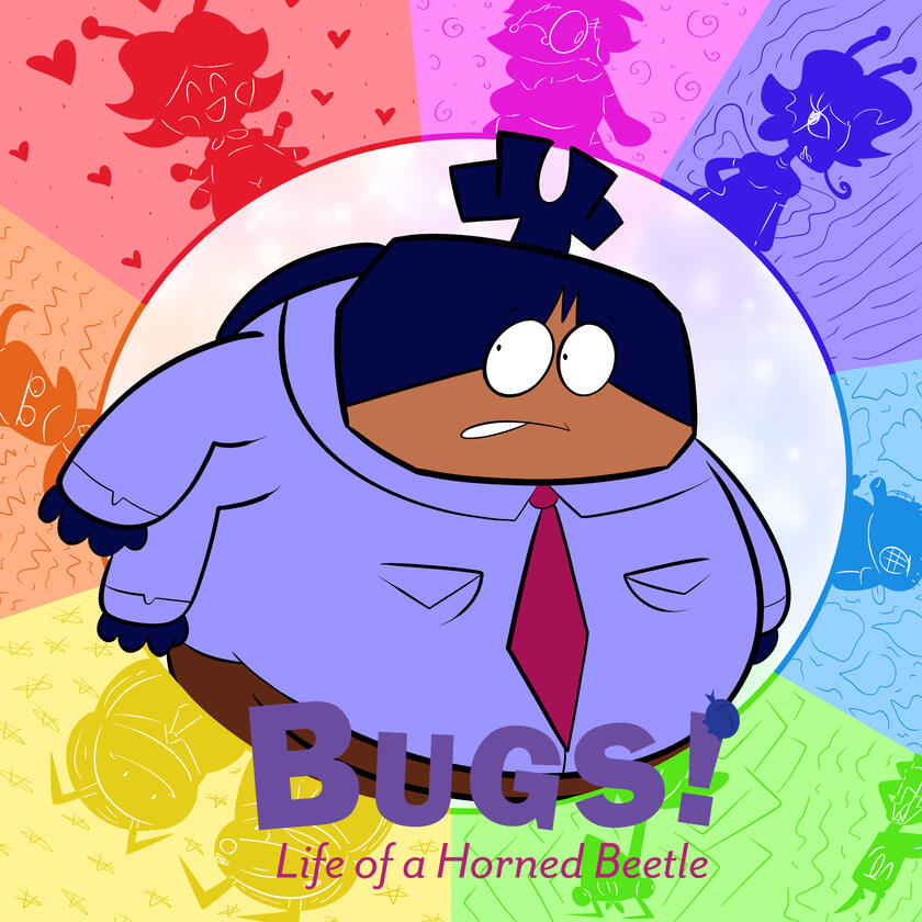 Image of the cover to "Bugs! Life of a Horned Beetle", with David Baindle (main character) standing in a circle surrounded by different colors with the other characters in them as silhouettes. The logo is at the bottom of the circle, under David's tie.