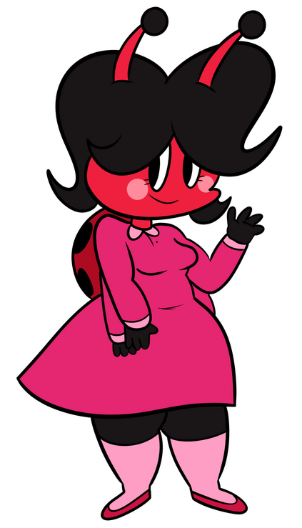Image of Ellie Rose standing with a smile and wave. She has a red body with antennae sticking out of her black hair, with balls at the end also being black. Her cheeks are light pink and has eyelashes. Her dress is a vibrant pink with light pink collar and