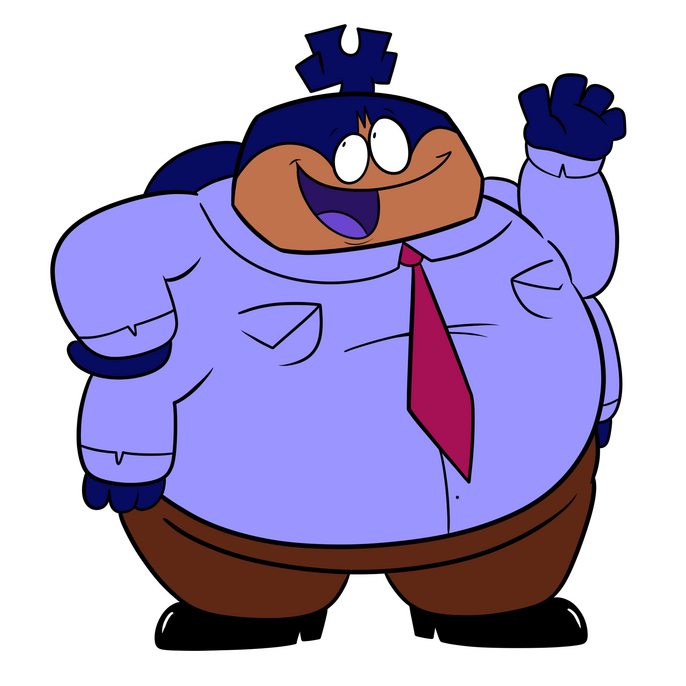 Image of the David Baindle, standing with a happy expression with waving one hand up. His body is dark blue and has a fleshy face, with a fork-shaped horn on the top of his head. He has a round body and four arms, and wings in the back. He wears a light bl