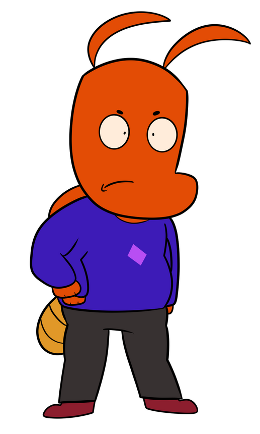 Image of Pepper Mendoza, standing with a serious look. They have a long and round head with antennae on top, orange wings with brown inside, small off colored eyes with small and round black eyebrows, firefly bulb on their behind, and four arms. They wear