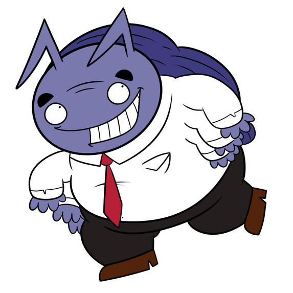 Image of Kevin Lance making a step forward while looking away with a big grin. His head is round with antennae sticking out at the top. He has large eyebrows, head wrinkle with two lines, small round eyes, and white teeth. He has six arms and a dark blue s