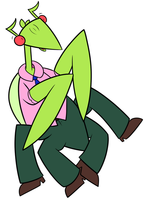 Image of Joey Barrows making a surprised expression while being in the air. He has a light green body, light red eyes that are far apart, long neck, two scythe-shaped arms, lighter green wings, four legs, antennae and a tuft of hair on his head. His head i