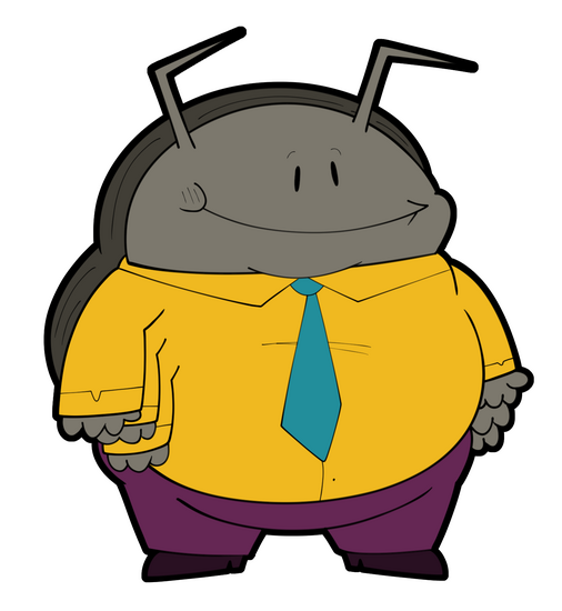 Image of Marco Rees standing and smiling. He has a gray body, six arms, antennae, and a dark gray back shell. He has small beady eyes with a big smile. He is also short and has a round body. He wears a yellow dress shirt with a turquoise tie, magenta pants