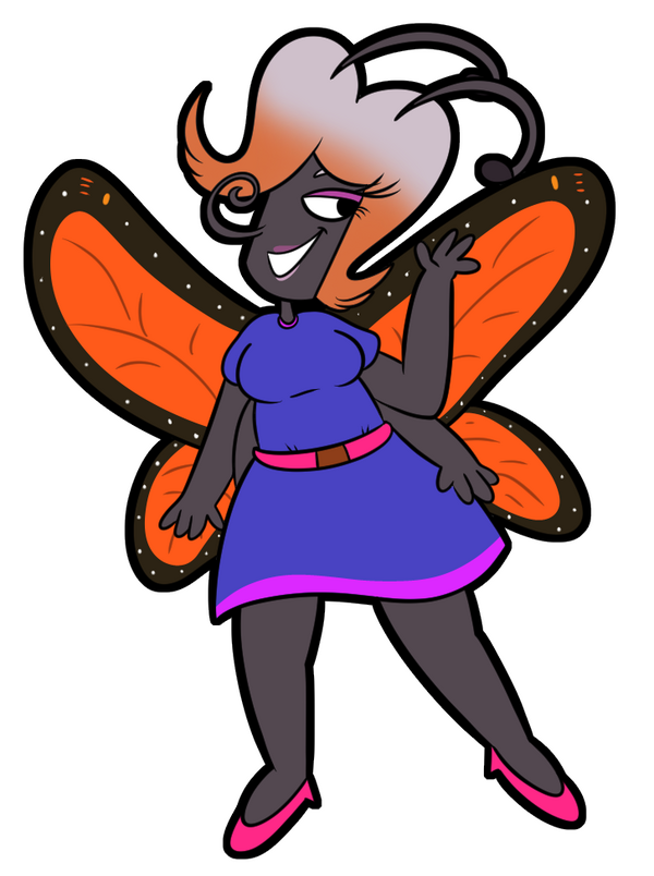 Image of Aris Jubilee standing with waving with one hand up. She has a dark body, curled antennae, a long curly nose, dark pink lips and eyeshadow, light gray to orange gradient hair, light gray eyebrows, and large butterfly wings with orange inside and br
