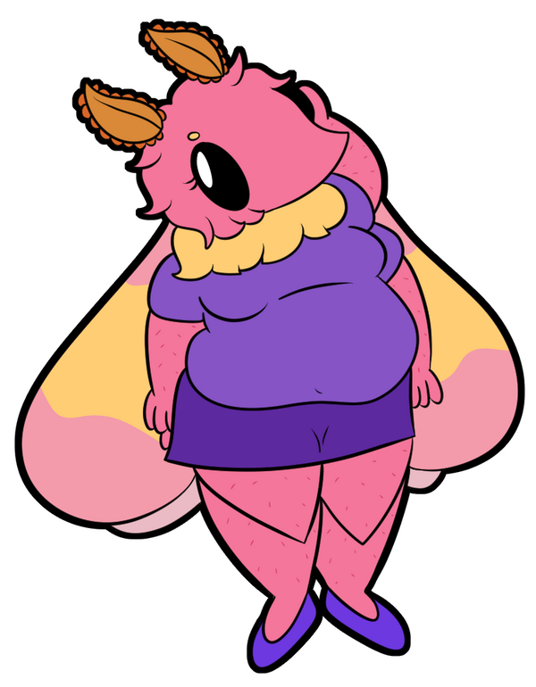 Image of Patty Lawrence, standing and looking away with one hand behind her head. She has a pink body with small hairs on the arms and legs, tan colored almond shaped antennae with orange bumps around them, large black eyes with highlights and eyelashes, s