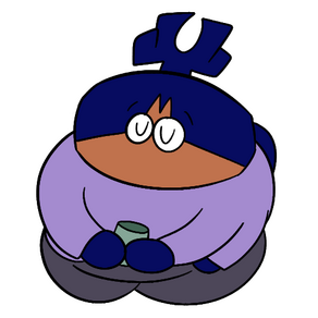 Image of David holding a green cup with his eyes closed and kneeling. He is wearing a purple shirt and gray pants.