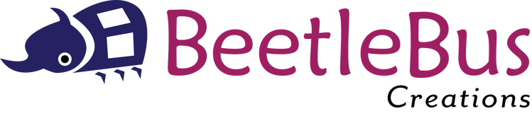 Logo for Beetlebus Creations. An image of a dark blue beetle with two white square windows on its body stands on the left side. The "Beetlebus" text is a magenta color, and the "Creations" text is in black with a smaller size and different font.